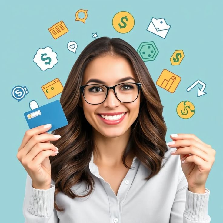 Lady looking at a credit card and smiling